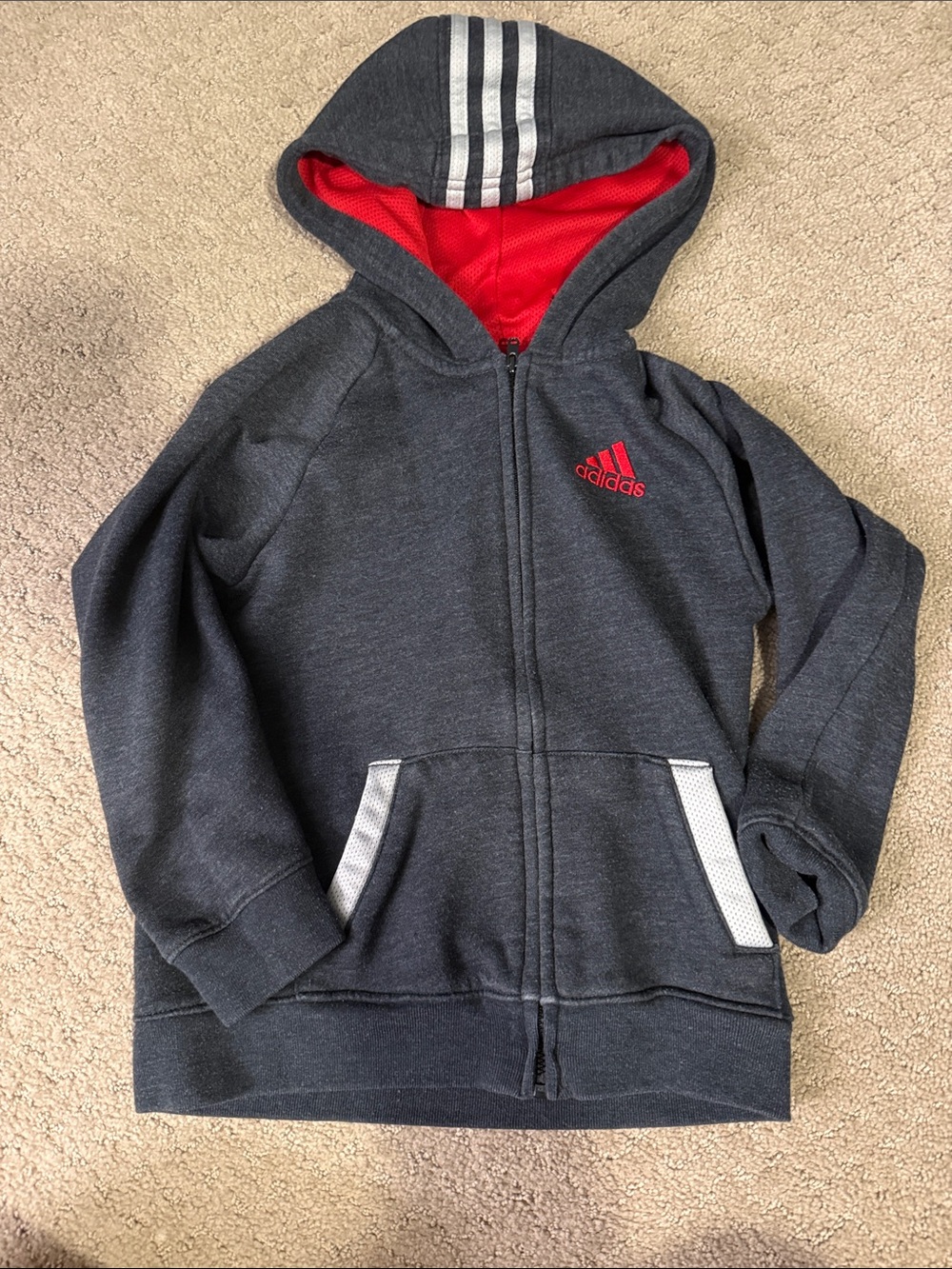 adidas Dark Gray Zip Hoodie with Red Lining and White Accents